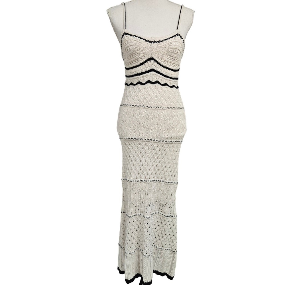 Olive + Oak Cream Black Pointelle Crochet Knit Maxi Dress Boho Women's Size S